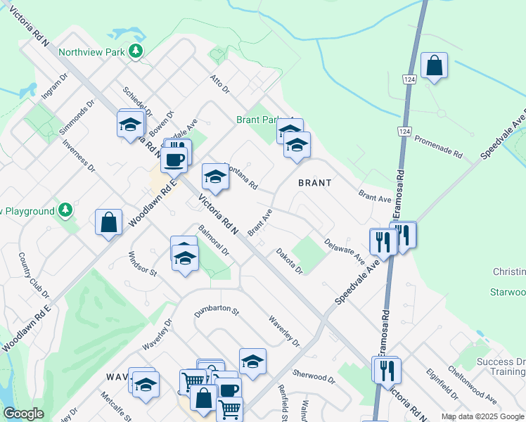 map of restaurants, bars, coffee shops, grocery stores, and more near 16 Brant Avenue in Guelph