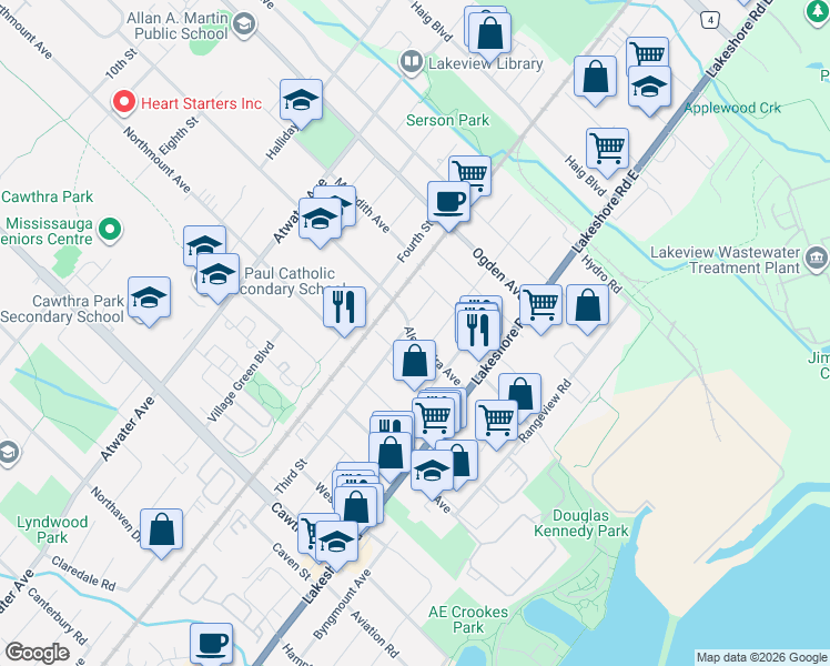 map of restaurants, bars, coffee shops, grocery stores, and more near 1069 Alexandra Avenue in Mississauga