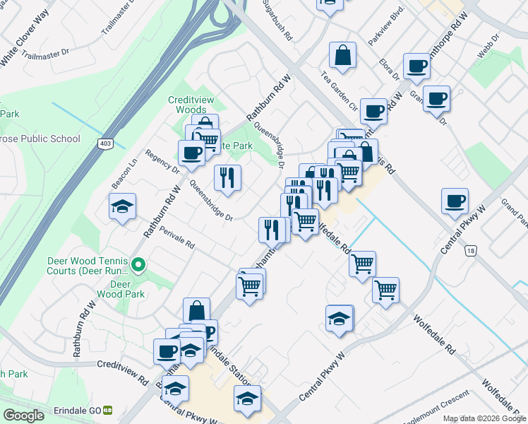 map of restaurants, bars, coffee shops, grocery stores, and more near 888 Messenger Meadow Drive in Mississauga