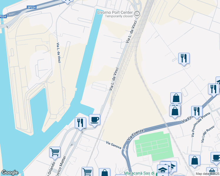 map of restaurants, bars, coffee shops, grocery stores, and more near 12 Via L. da Vinci in Livorno