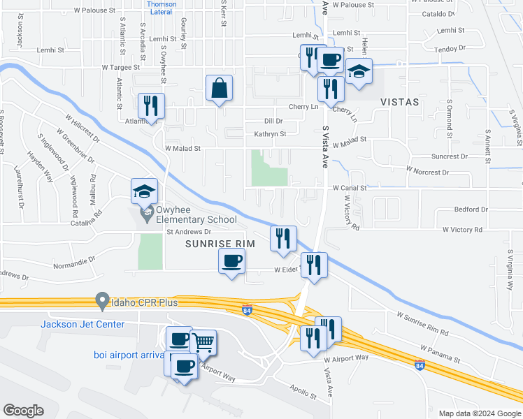 map of restaurants, bars, coffee shops, grocery stores, and more near 2867 South Abbs Lane in Boise
