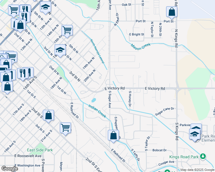 map of restaurants, bars, coffee shops, grocery stores, and more near 5 North Sugar Street in Nampa