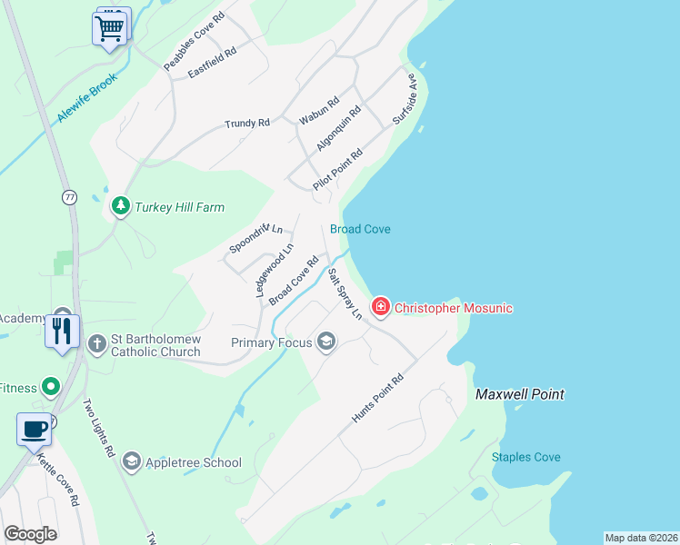 map of restaurants, bars, coffee shops, grocery stores, and more near 12 Salt Spray Lane in Cape Elizabeth