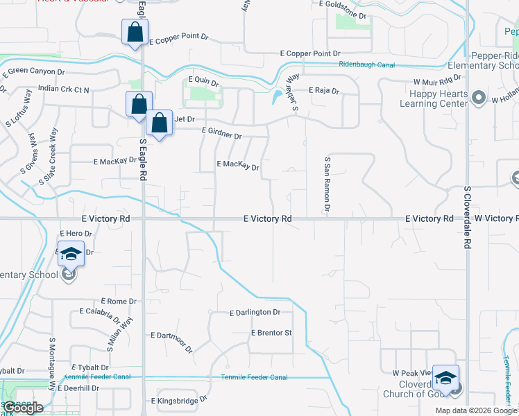 map of restaurants, bars, coffee shops, grocery stores, and more near 3792 East Victory Road in Meridian