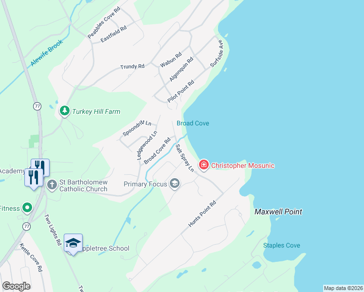 map of restaurants, bars, coffee shops, grocery stores, and more near 12 Salt Spray Lane in Cape Elizabeth