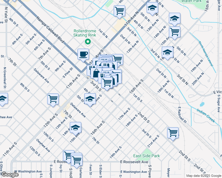 map of restaurants, bars, coffee shops, grocery stores, and more near 185 14th Avenue South in Nampa