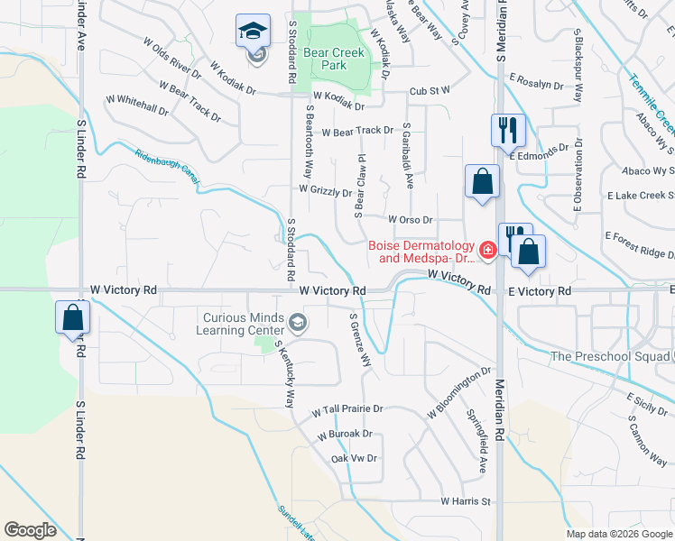 map of restaurants, bars, coffee shops, grocery stores, and more near 3174 South Silvertip Lane in Meridian