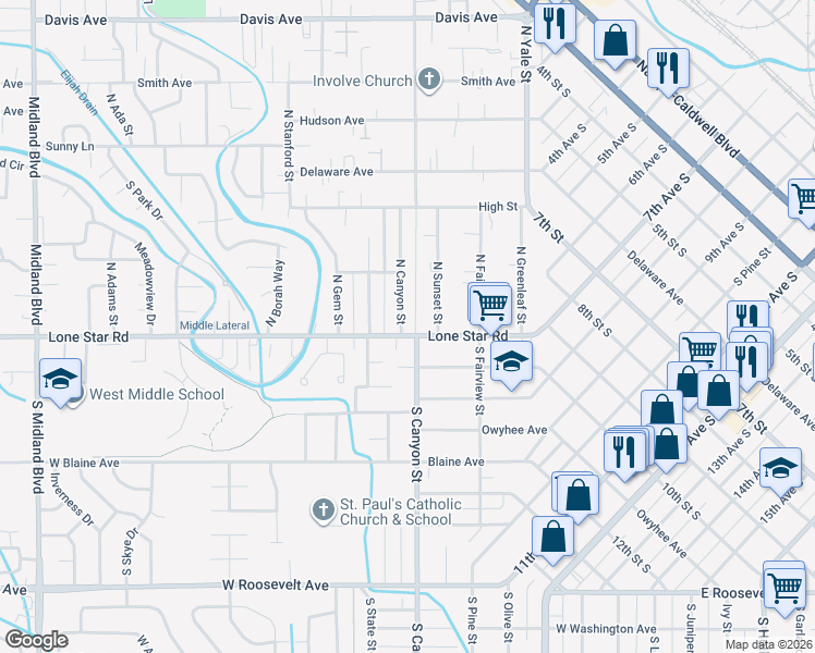 map of restaurants, bars, coffee shops, grocery stores, and more near 6 North Canyon Street in Nampa