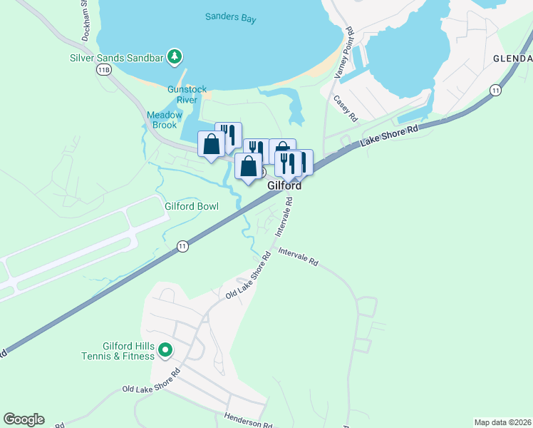 map of restaurants, bars, coffee shops, grocery stores, and more near 336 Intervale Road in Gilford