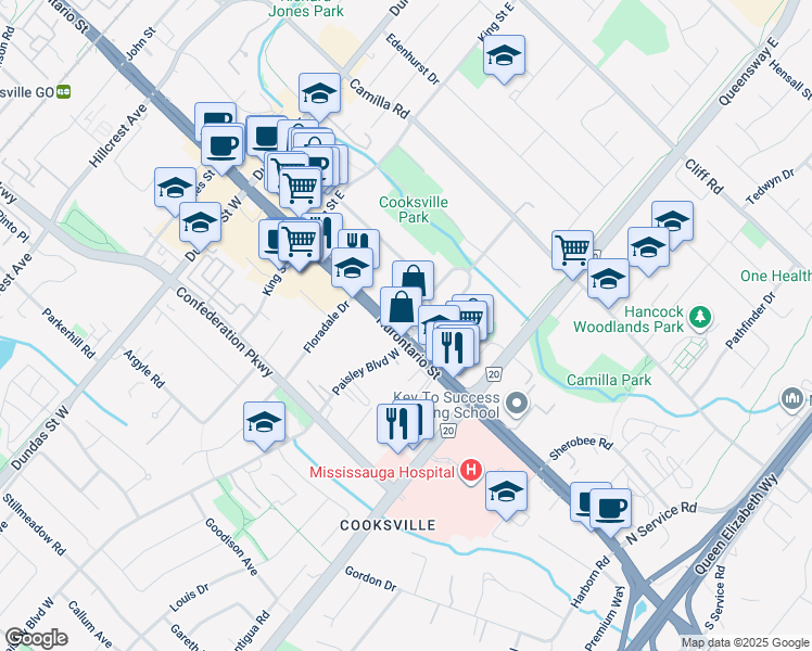 map of restaurants, bars, coffee shops, grocery stores, and more near 5 Paisley Boulevard East in Mississauga