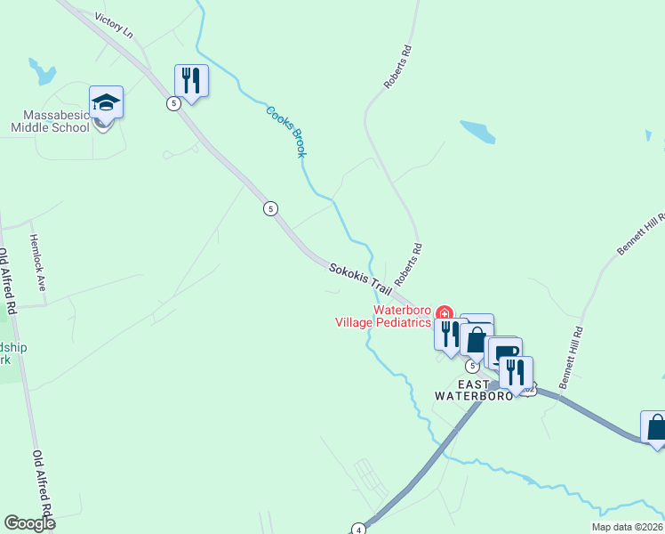 map of restaurants, bars, coffee shops, grocery stores, and more near Maine 5 in Waterboro