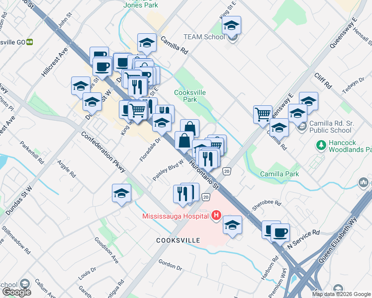 map of restaurants, bars, coffee shops, grocery stores, and more near 5 Paisley Boulevard East in Mississauga