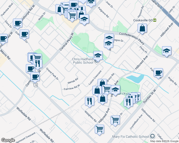 map of restaurants, bars, coffee shops, grocery stores, and more near 483 Fairview Road West in Mississauga