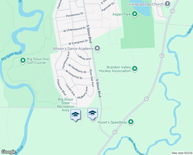 map of restaurants, bars, coffee shops, grocery stores, and more near 1430 S Sioux Blvd in Brandon