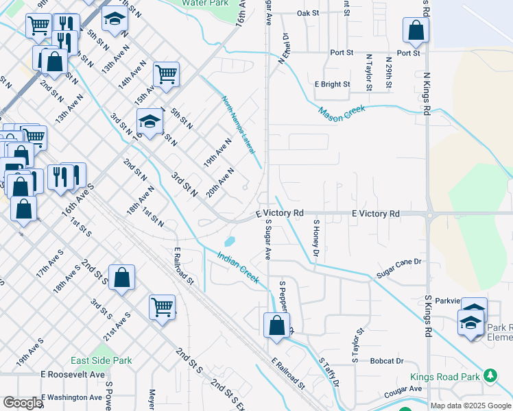 map of restaurants, bars, coffee shops, grocery stores, and more near 5 North Sugar Street in Nampa
