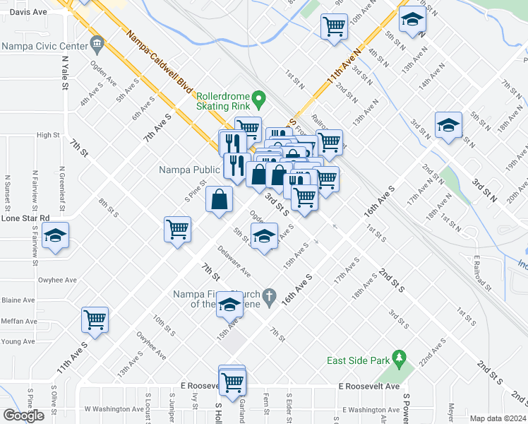 map of restaurants, bars, coffee shops, grocery stores, and more near 316 12th Avenue South in Nampa