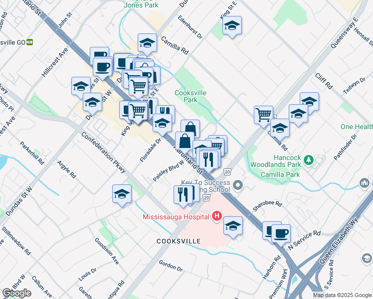 map of restaurants, bars, coffee shops, grocery stores, and more near in Mississauga