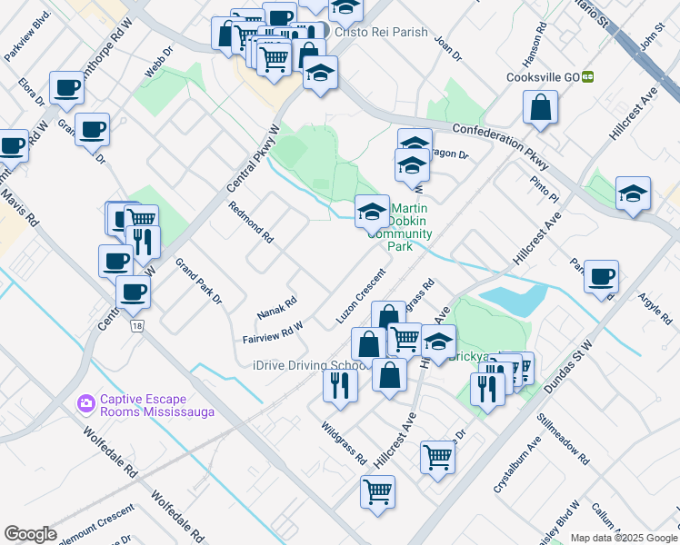 map of restaurants, bars, coffee shops, grocery stores, and more near 483 Fairview Road West in Mississauga