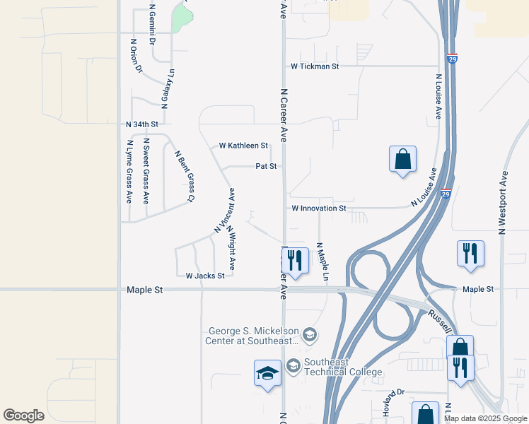 map of restaurants, bars, coffee shops, grocery stores, and more near 2501 North Career Avenue in Sioux Falls