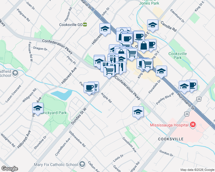 map of restaurants, bars, coffee shops, grocery stores, and more near 2590 Rugby Road in Mississauga
