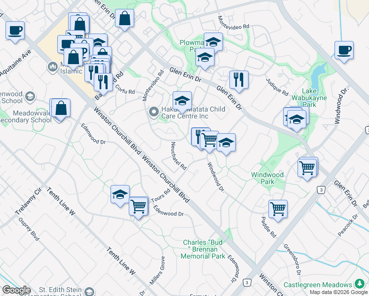 map of restaurants, bars, coffee shops, grocery stores, and more near 6337 Crickadorn Court in Mississauga