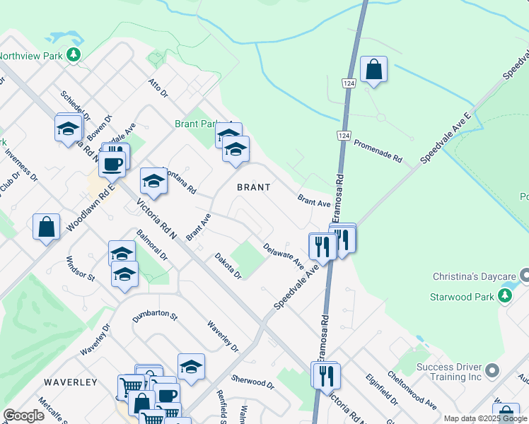 map of restaurants, bars, coffee shops, grocery stores, and more near 25 Mohawk Drive in Guelph