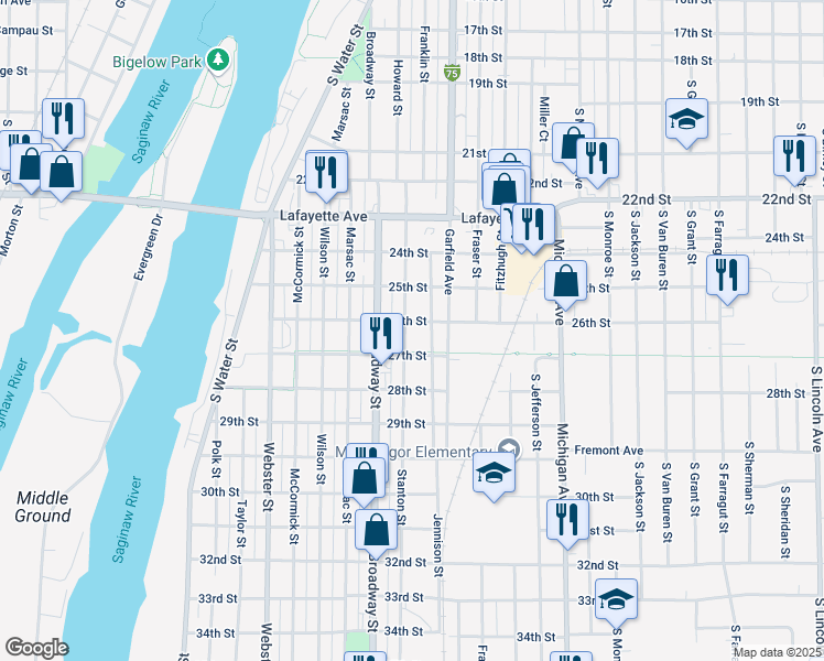 map of restaurants, bars, coffee shops, grocery stores, and more near 710 26th Street in Bay City