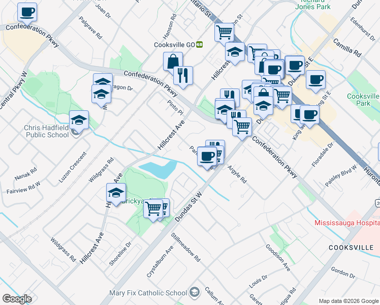 map of restaurants, bars, coffee shops, grocery stores, and more near 3078 Parkerhill Road in Mississauga