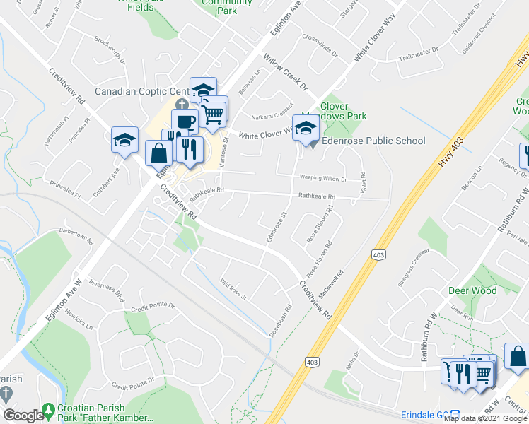 map of restaurants, bars, coffee shops, grocery stores, and more near 1438 Royal Rose Ct in Mississauga