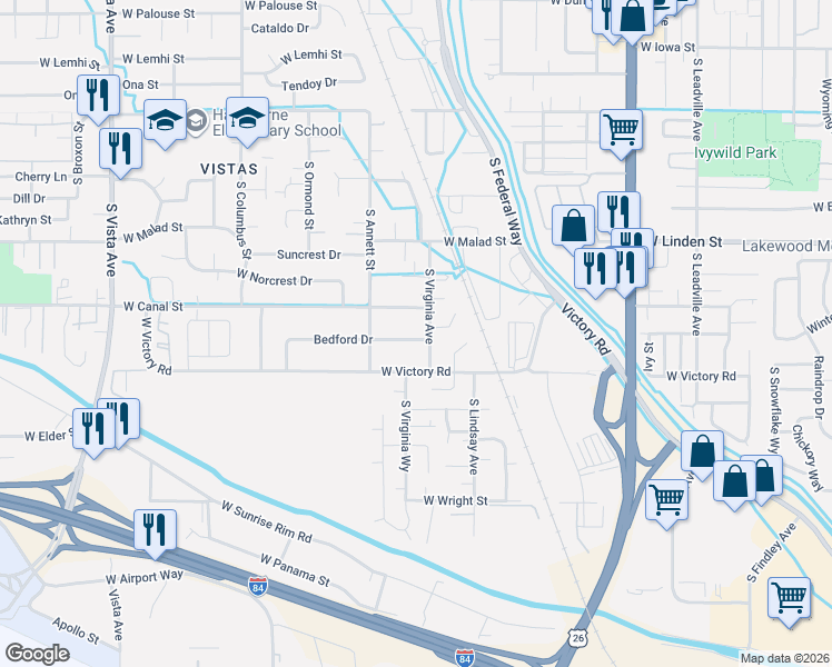 map of restaurants, bars, coffee shops, grocery stores, and more near 1614 Bedford Drive in Boise