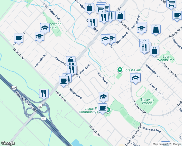 map of restaurants, bars, coffee shops, grocery stores, and more near 3824 Craighurst Avenue in Mississauga