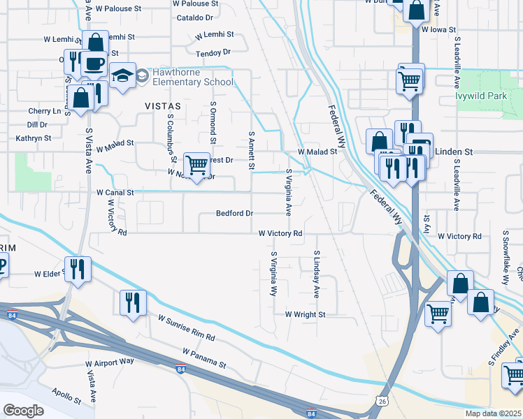 map of restaurants, bars, coffee shops, grocery stores, and more near 2820 South Annett Street in Boise
