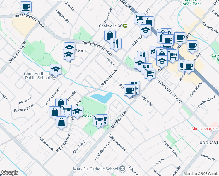 map of restaurants, bars, coffee shops, grocery stores, and more near 280 Hillcrest Avenue in Mississauga