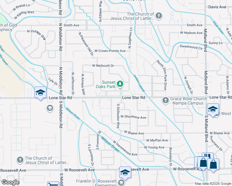 map of restaurants, bars, coffee shops, grocery stores, and more near 1913 West Dew Mist Drive in Nampa