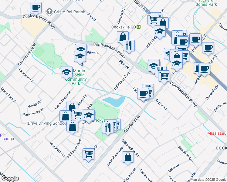 map of restaurants, bars, coffee shops, grocery stores, and more near 280 Hillcrest Avenue in Mississauga