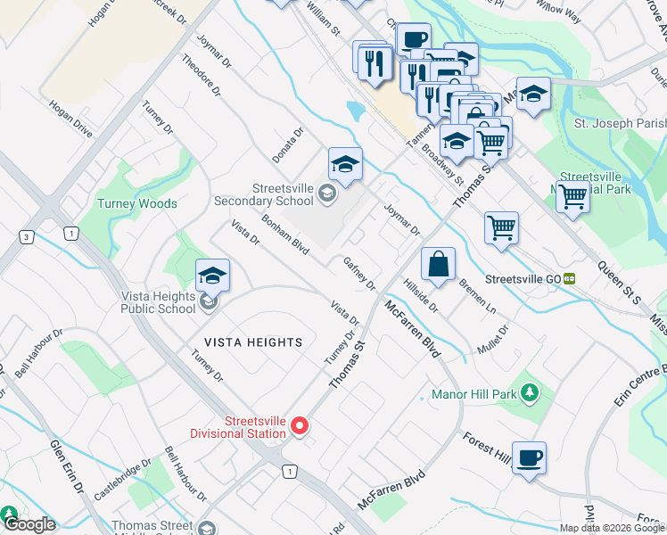 map of restaurants, bars, coffee shops, grocery stores, and more near 147 Bonham Boulevard in Mississauga