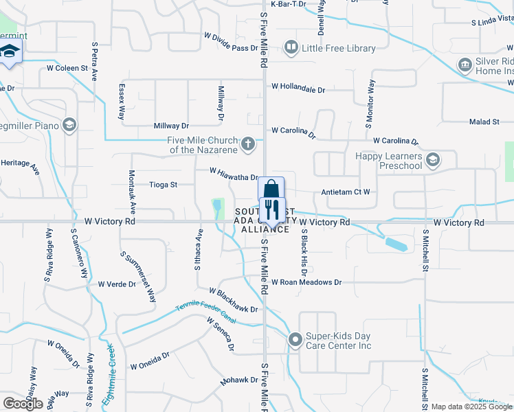 map of restaurants, bars, coffee shops, grocery stores, and more near 10659 West Geronimo Court in Boise