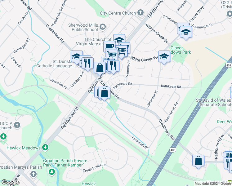 map of restaurants, bars, coffee shops, grocery stores, and more near 4950 Rathkeale Road in Mississauga