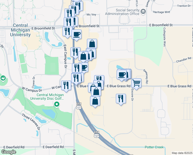 map of restaurants, bars, coffee shops, grocery stores, and more near in Union charter Township