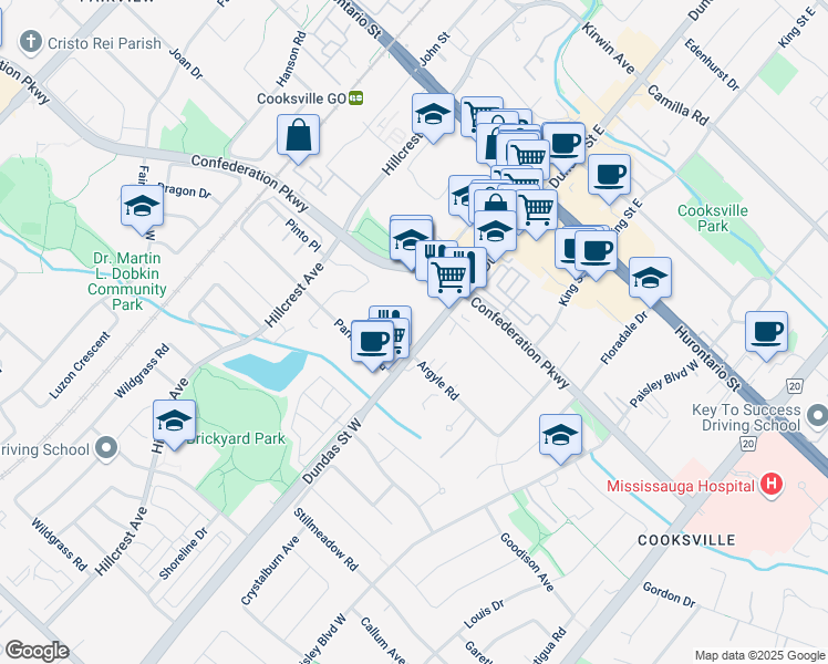map of restaurants, bars, coffee shops, grocery stores, and more near 189 Dundas Street West in Mississauga