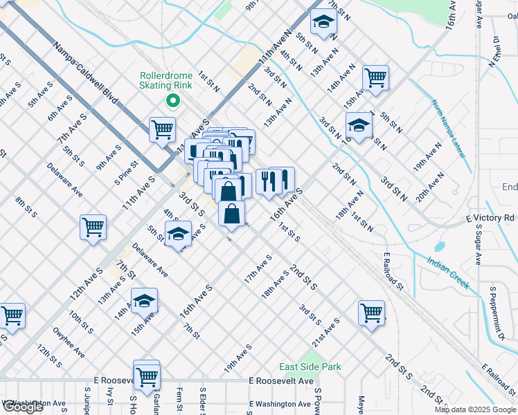 map of restaurants, bars, coffee shops, grocery stores, and more near 1503 1st Street South in Nampa