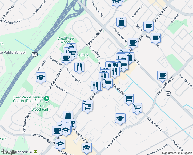map of restaurants, bars, coffee shops, grocery stores, and more near 857 Messenger Meadow Drive in Mississauga