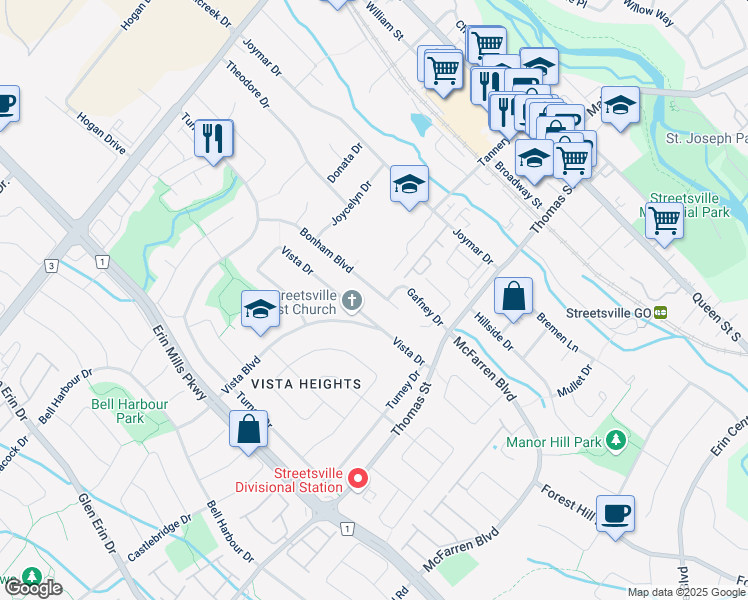 map of restaurants, bars, coffee shops, grocery stores, and more near 118 Bonham Boulevard in Mississauga