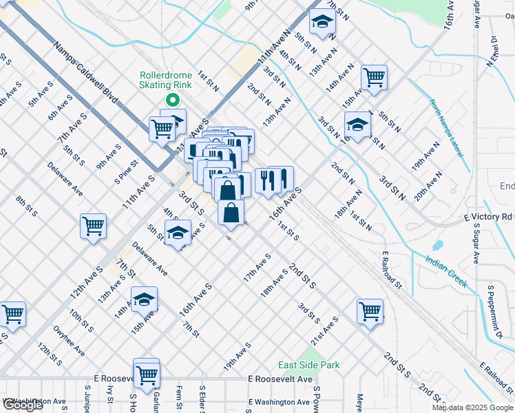 map of restaurants, bars, coffee shops, grocery stores, and more near 1503 1st Street South in Nampa
