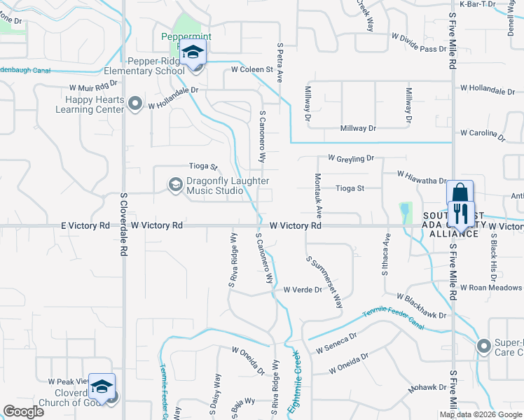 map of restaurants, bars, coffee shops, grocery stores, and more near 2922 South Canonero Way in Boise