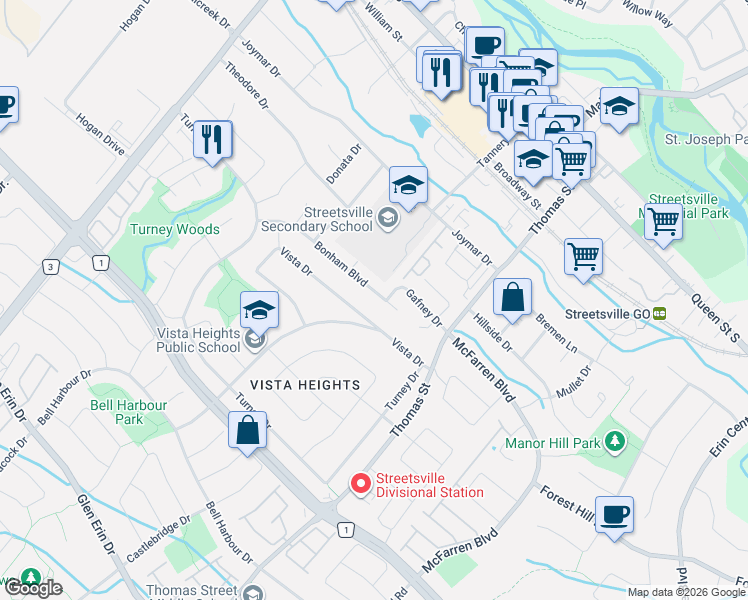 map of restaurants, bars, coffee shops, grocery stores, and more near 118 Bonham Boulevard in Mississauga
