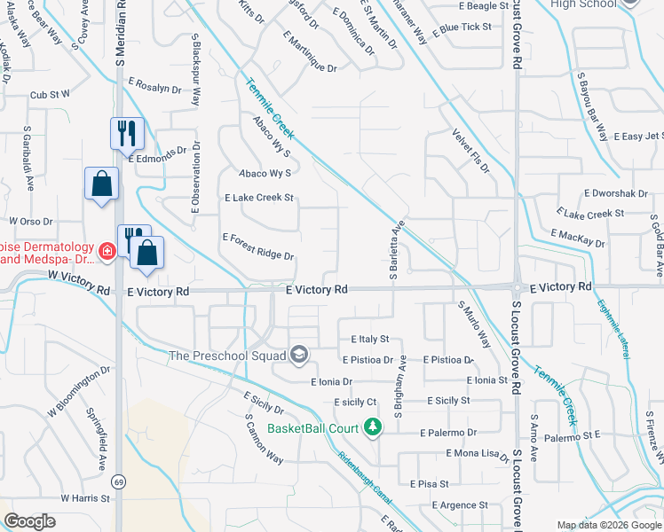 map of restaurants, bars, coffee shops, grocery stores, and more near 3103 South Glacier Bay Way in Meridian