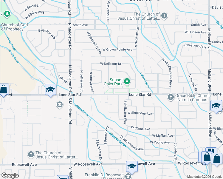 map of restaurants, bars, coffee shops, grocery stores, and more near 2111 W Dew Mist Dr in Nampa