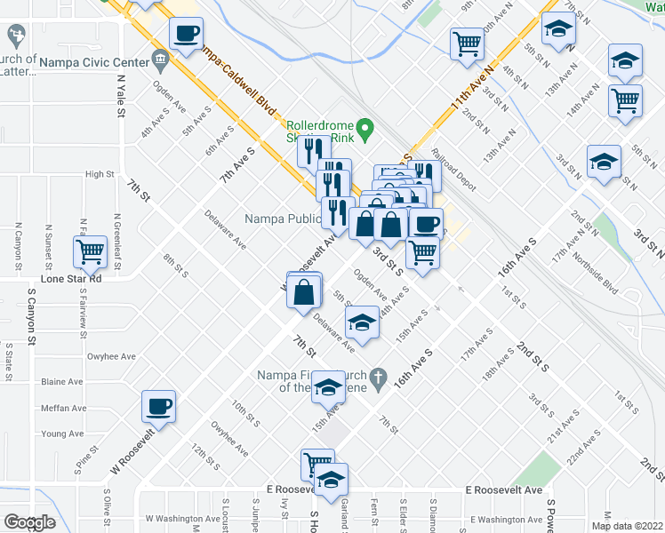 map of restaurants, bars, coffee shops, grocery stores, and more near 403 12th Avenue South in Nampa
