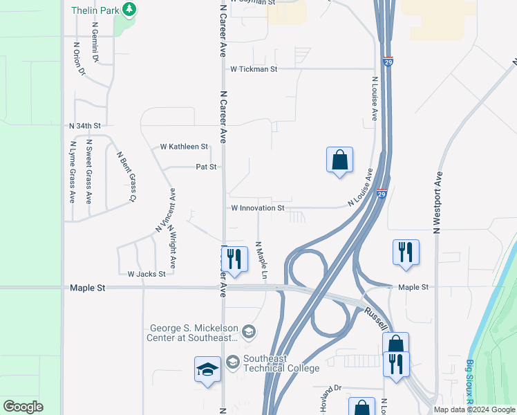 map of restaurants, bars, coffee shops, grocery stores, and more near 4000 West Innovation Street in Sioux Falls